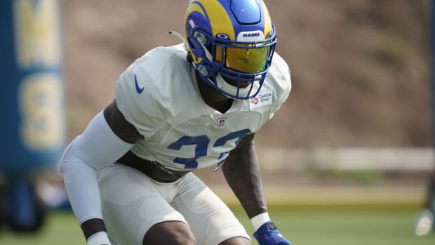 Aug 21, 2020; Thousand Oaks, CA, USA; Los Angeles Rams safety Nick Scott (33) during training camp at Cal Lutheran University. Mandatory Credit: Kirby Lee-USA TODAY Sports